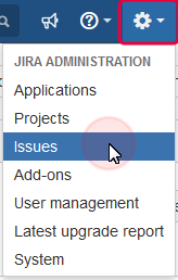 The JIRA settings menu: Issues